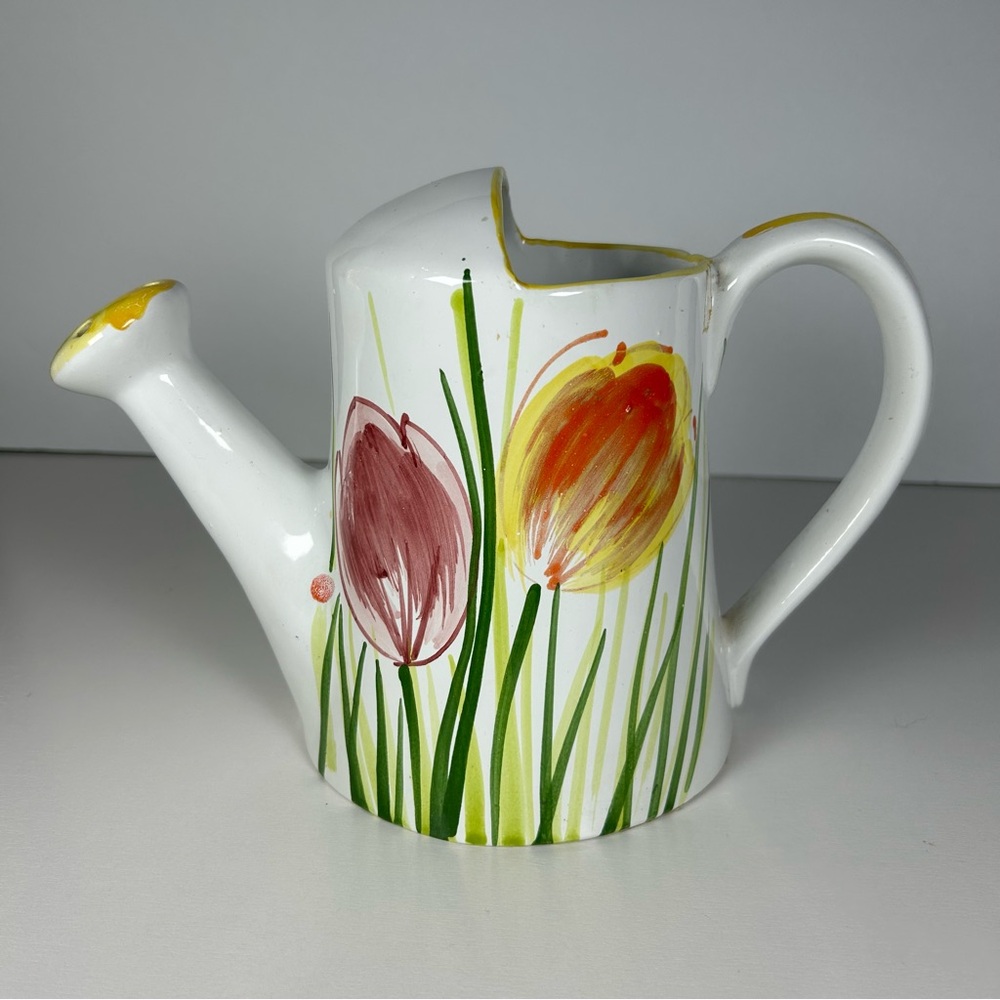 Vintage Hand Painted Floral Pottery Pitcher Watering Can Vase Made in Italy Fall